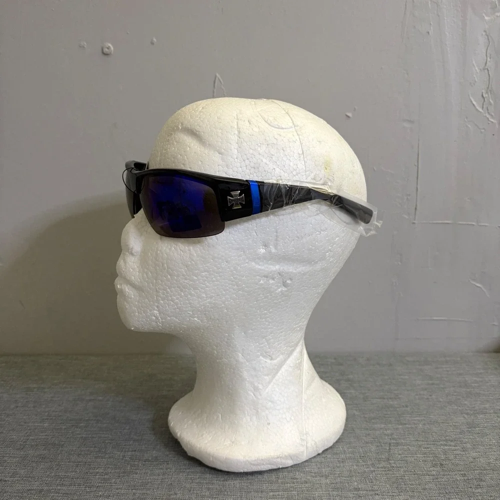 Choppers Sunglasses Men OS Black Gloss Blue Mirror Biker Wrap UV400 Cross Logo
